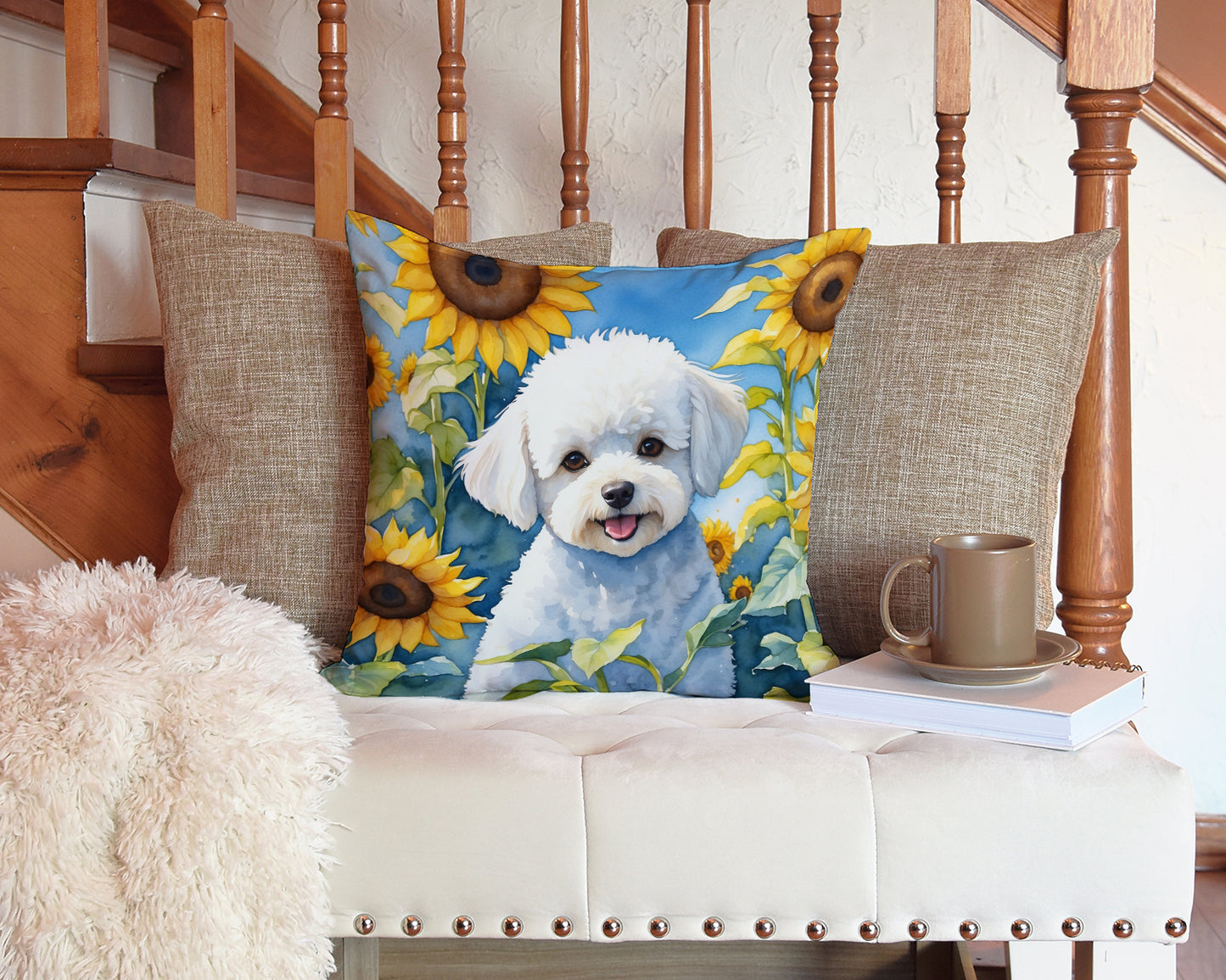 Bichon Frise in Sunflowers Throw Pillow