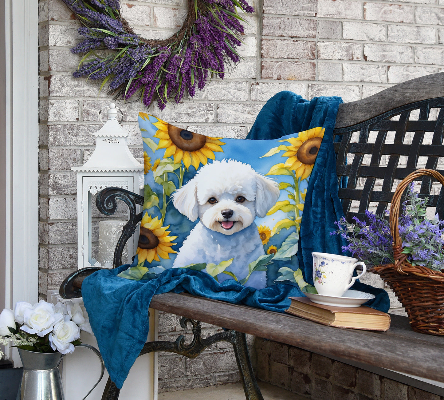 Bichon Frise in Sunflowers Throw Pillow