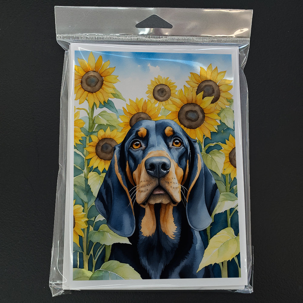 Black and Tan Coonhound in Sunflowers Greeting Cards Pack of 8