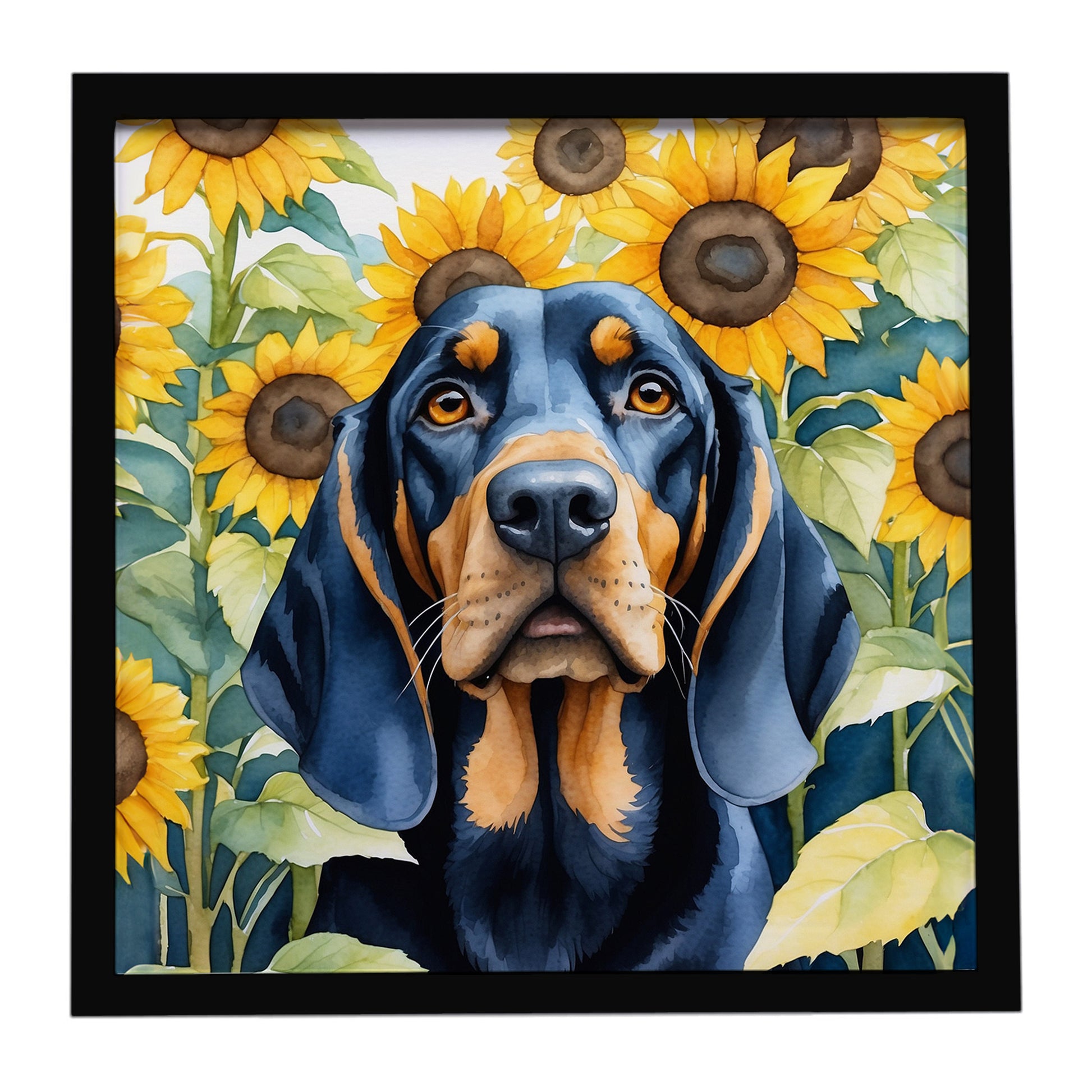 Buy this Black and Tan Coonhound in Sunflowers Framed Metal Print