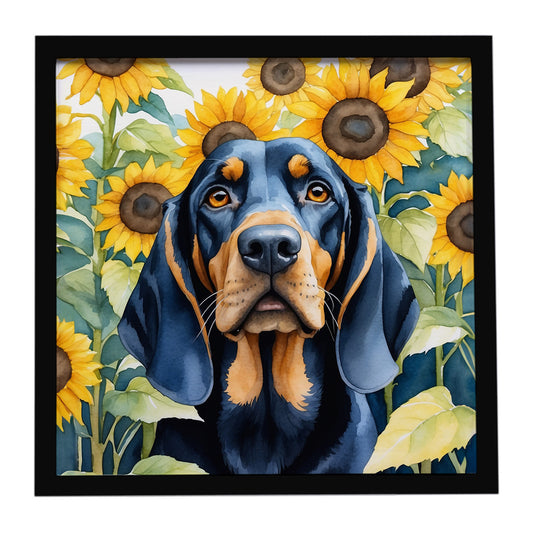Buy this Black and Tan Coonhound in Sunflowers Framed Metal Print