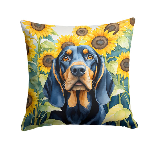 Buy this Black and Tan Coonhound in Sunflowers Throw Pillow