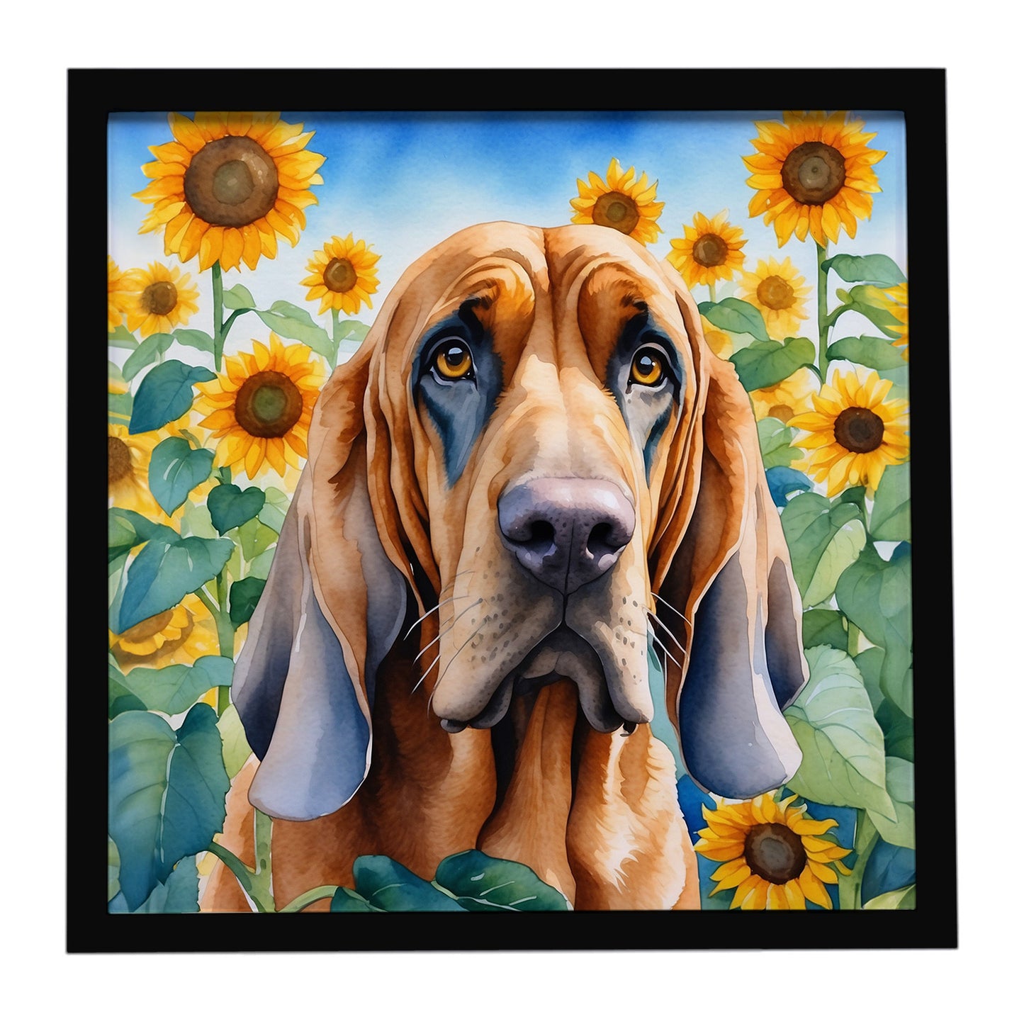 Buy this Bloodhound in Sunflowers Framed Metal Print