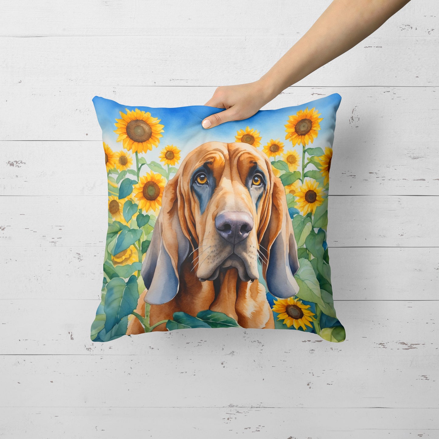 Bloodhound in Sunflowers Throw Pillow