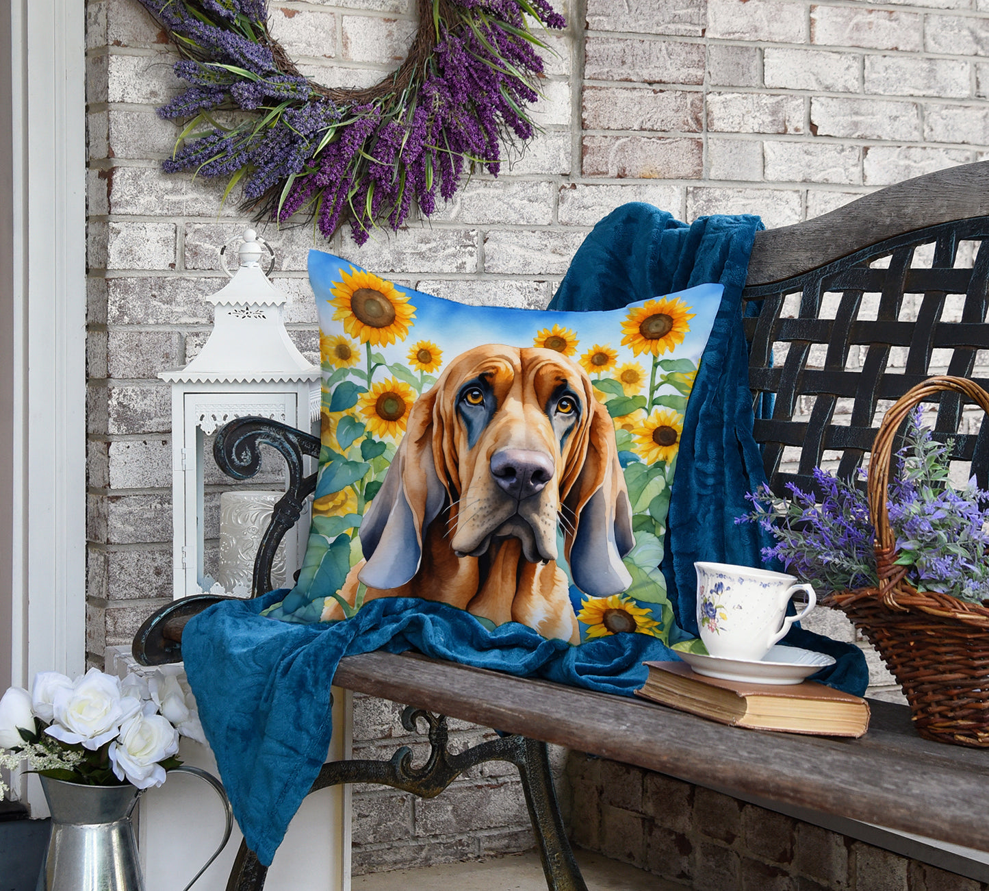 Bloodhound in Sunflowers Throw Pillow