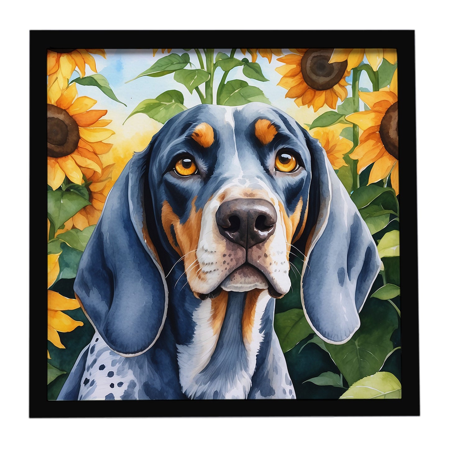 Buy this Bluetick Coonhound in Sunflowers Framed Metal Print