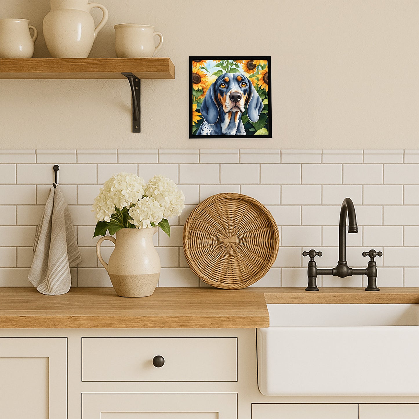 Bluetick Coonhound in Sunflowers Framed Metal Print