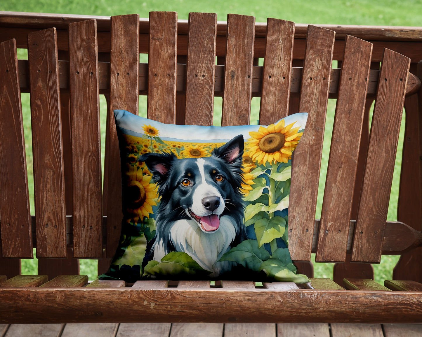 Border Collie in Sunflowers Throw Pillow