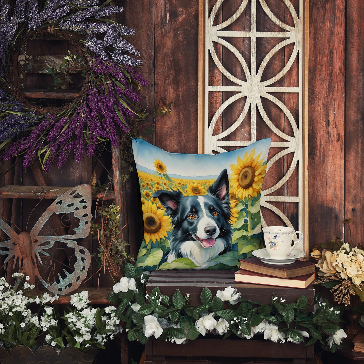 Border Collie in Sunflowers Throw Pillow