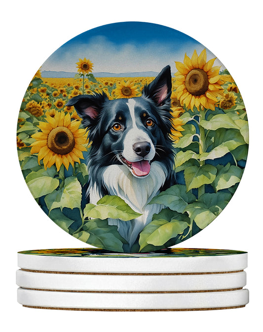 Buy this Border Collie in Sunflowers Large Sandstone Coasters Pack of 4