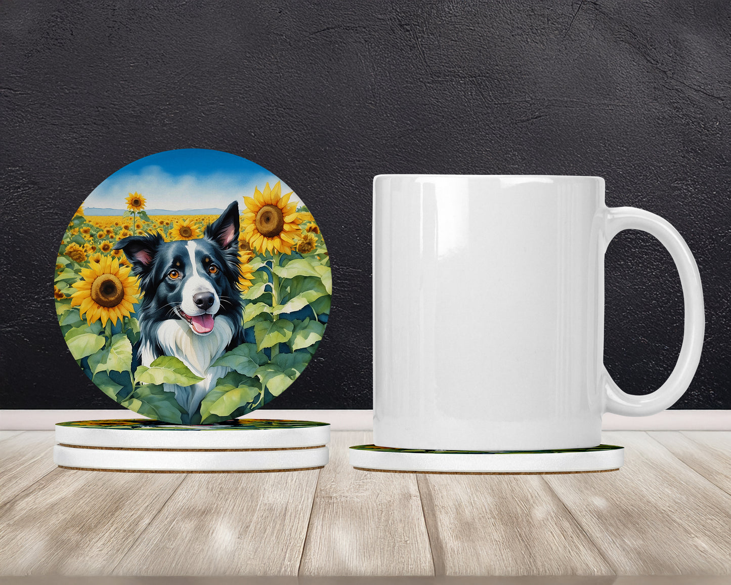 Border Collie in Sunflowers Large Sandstone Coasters Pack of 4