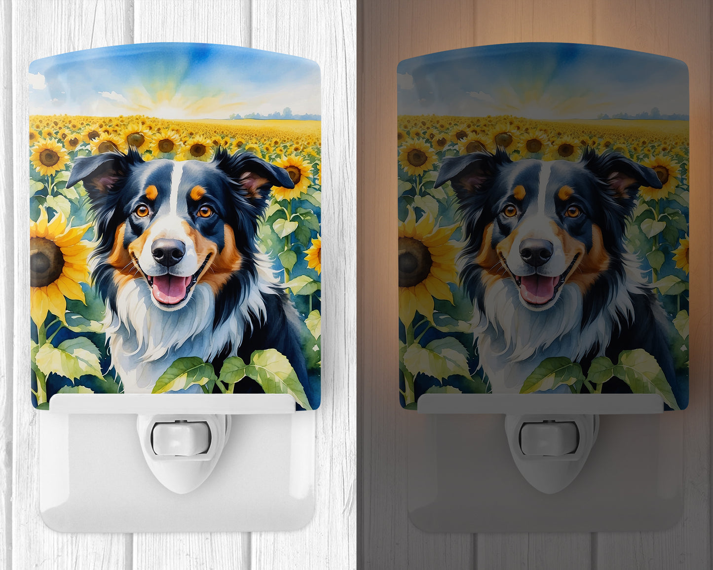 Border Collie in Sunflowers Ceramic Night Light