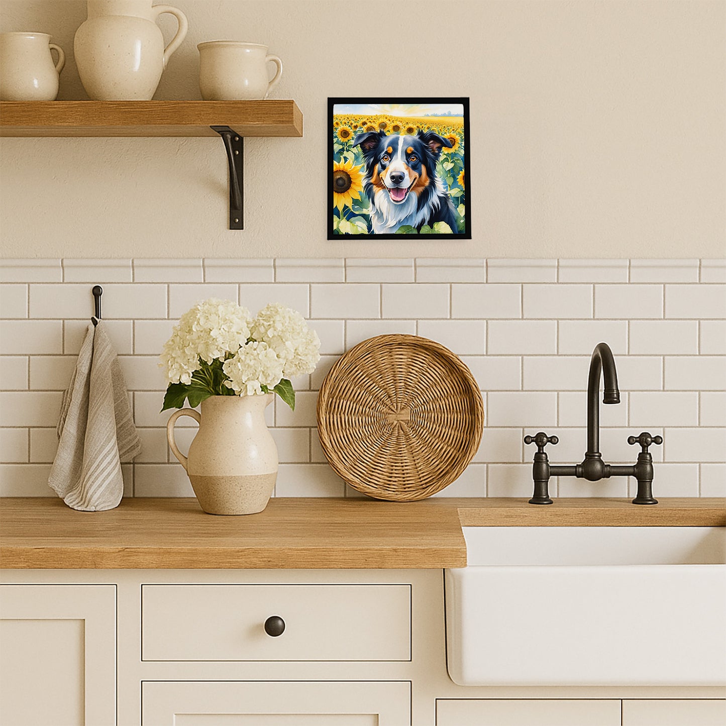Border Collie in Sunflowers Framed Metal Print
