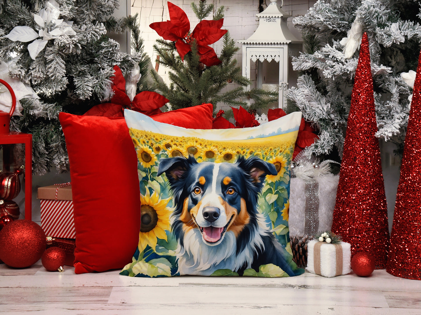 Border Collie in Sunflowers Throw Pillow