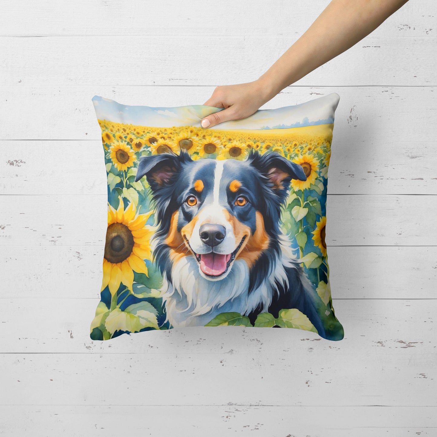 Border Collie in Sunflowers Throw Pillow