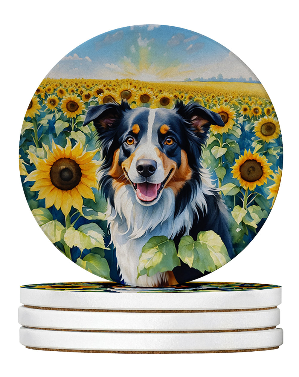 Buy this Border Collie in Sunflowers Large Sandstone Coasters Pack of 4