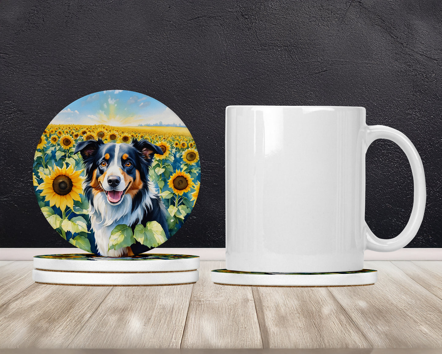 Border Collie in Sunflowers Large Sandstone Coasters Pack of 4