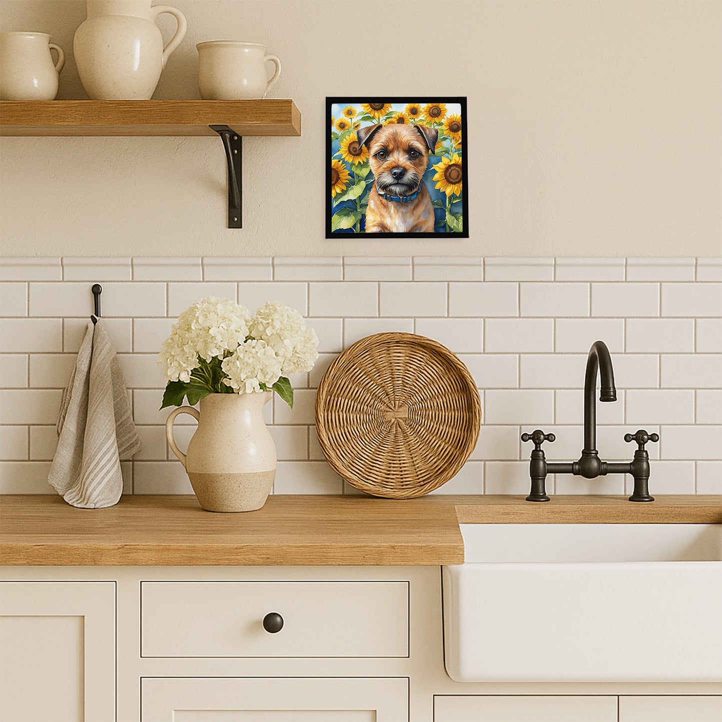 Border Terrier in Sunflowers Framed Metal Print