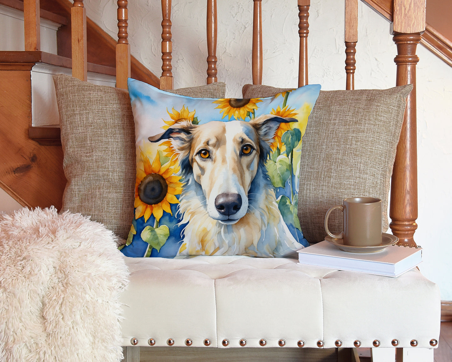 Borzoi in Sunflowers Throw Pillow