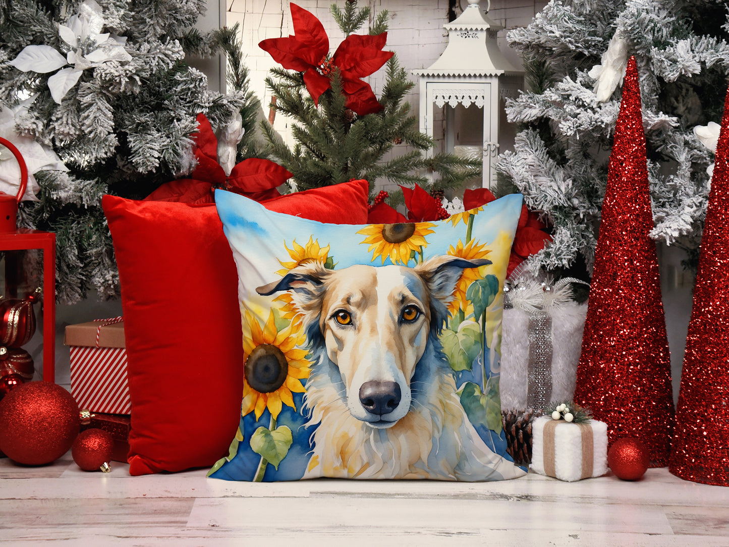 Borzoi in Sunflowers Throw Pillow