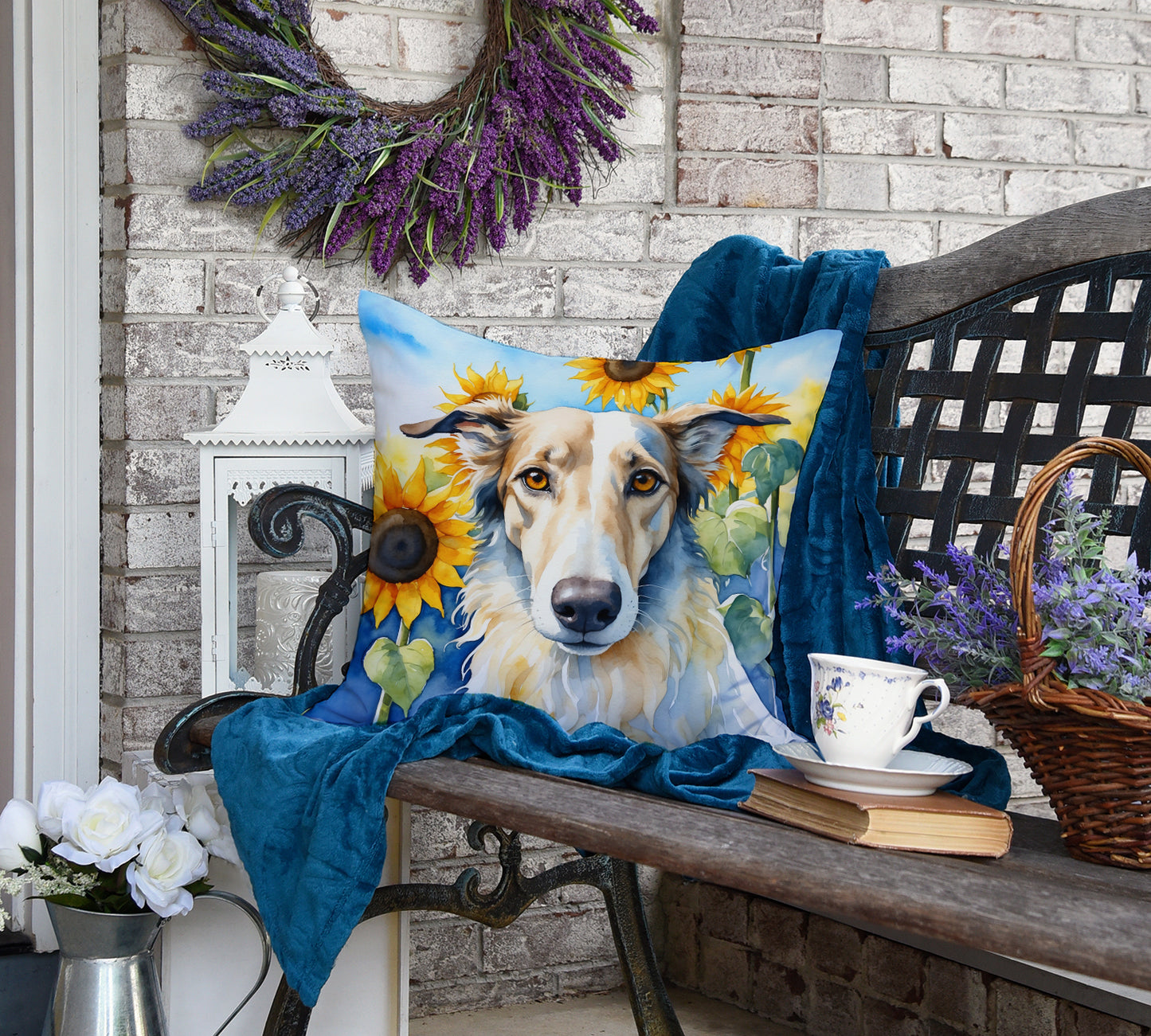 Borzoi in Sunflowers Throw Pillow