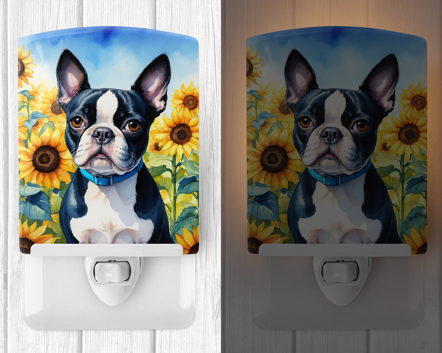 Boston Terrier in Sunflowers Ceramic Night Light