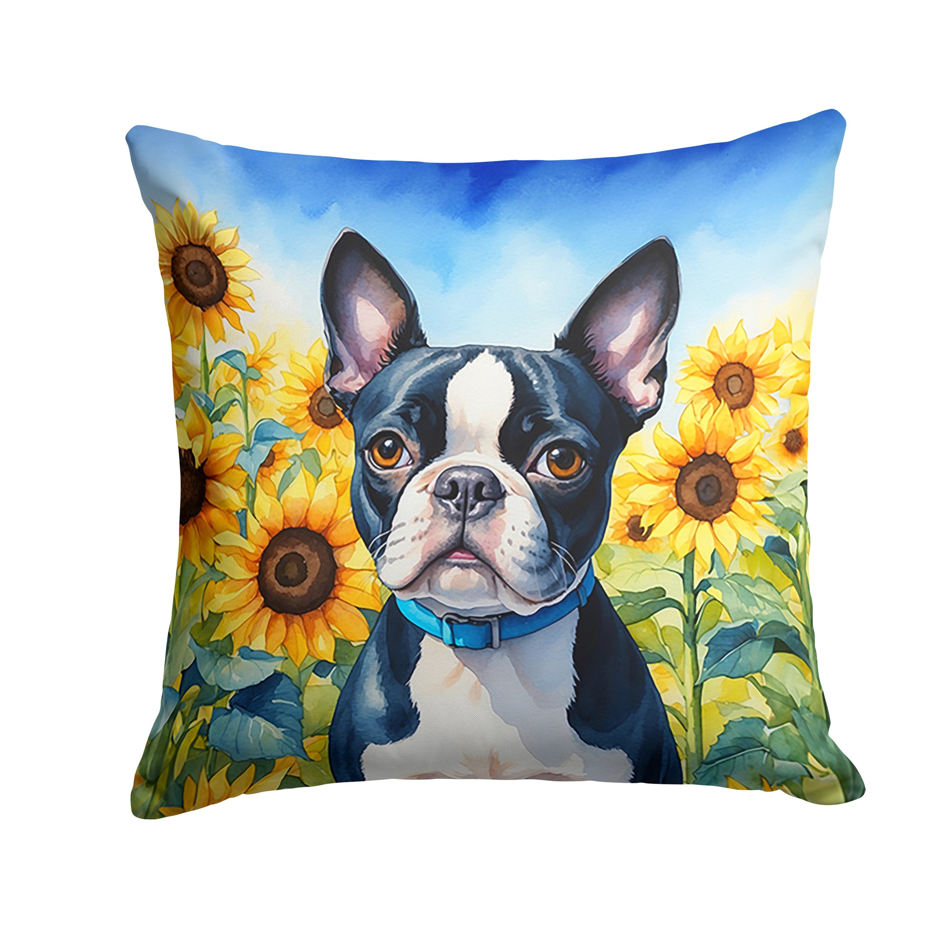 Buy this Boston Terrier in Sunflowers Throw Pillow