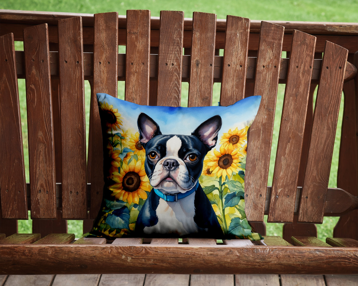 Boston Terrier in Sunflowers Throw Pillow