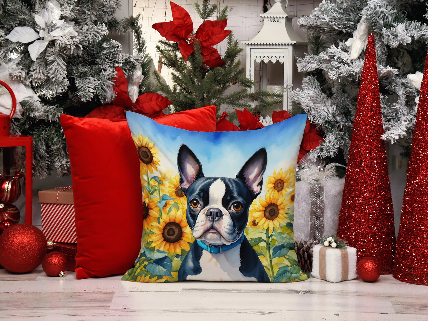 Boston Terrier in Sunflowers Throw Pillow