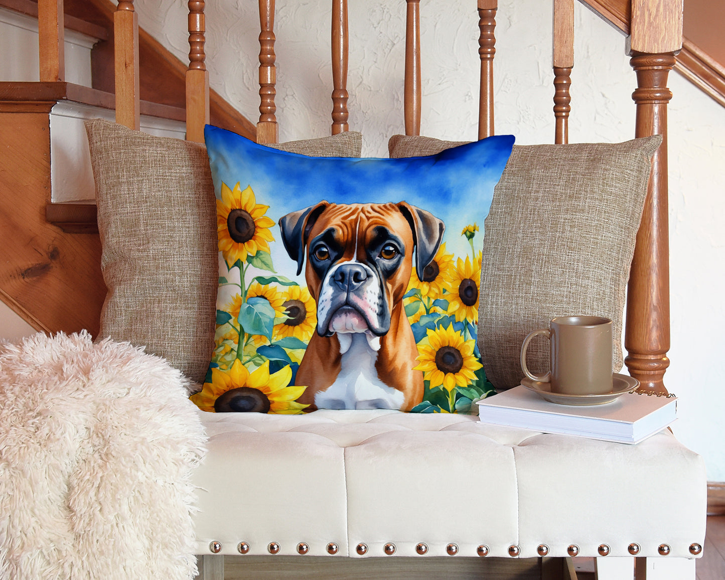 Boxer in Sunflowers Throw Pillow