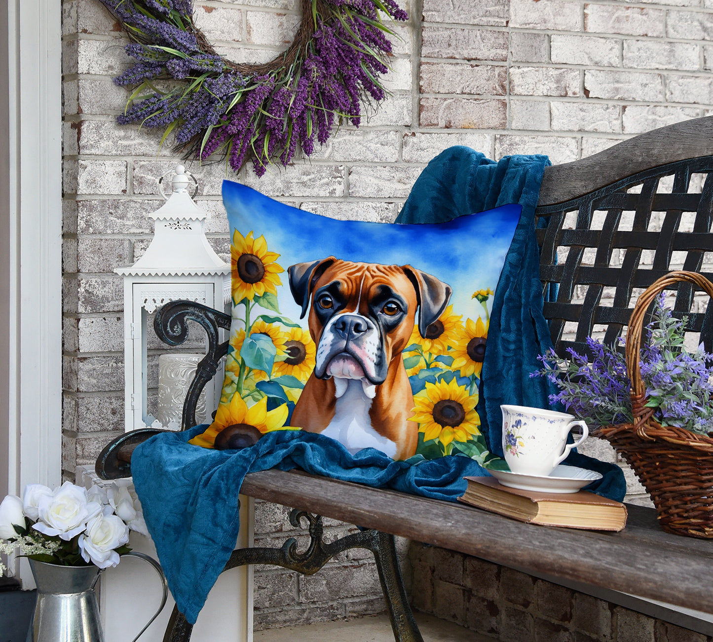 Boxer in Sunflowers Throw Pillow