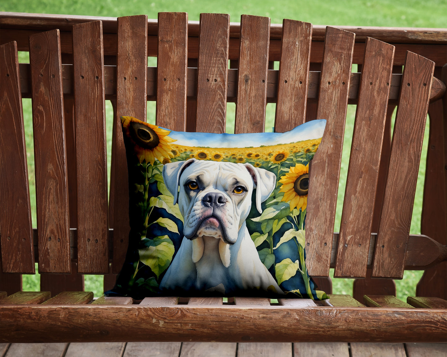 Boxer in Sunflowers Throw Pillow