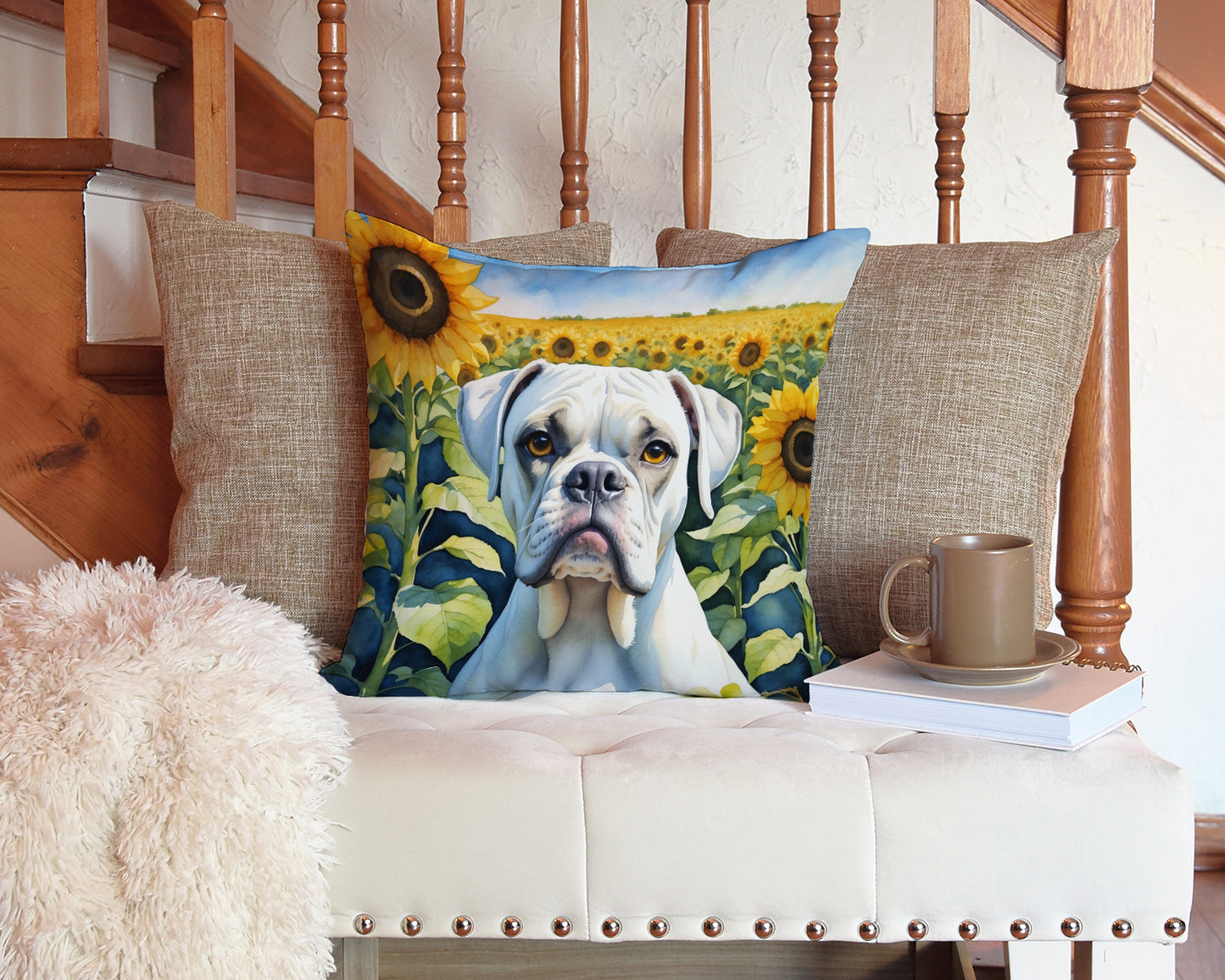 Boxer in Sunflowers Throw Pillow