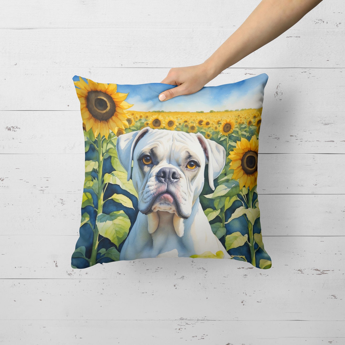 Boxer in Sunflowers Throw Pillow