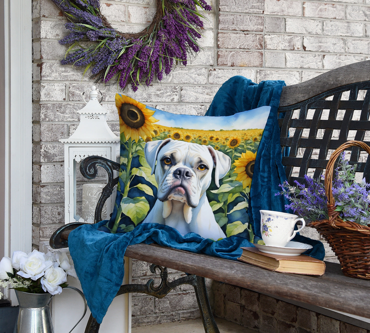 Boxer in Sunflowers Throw Pillow