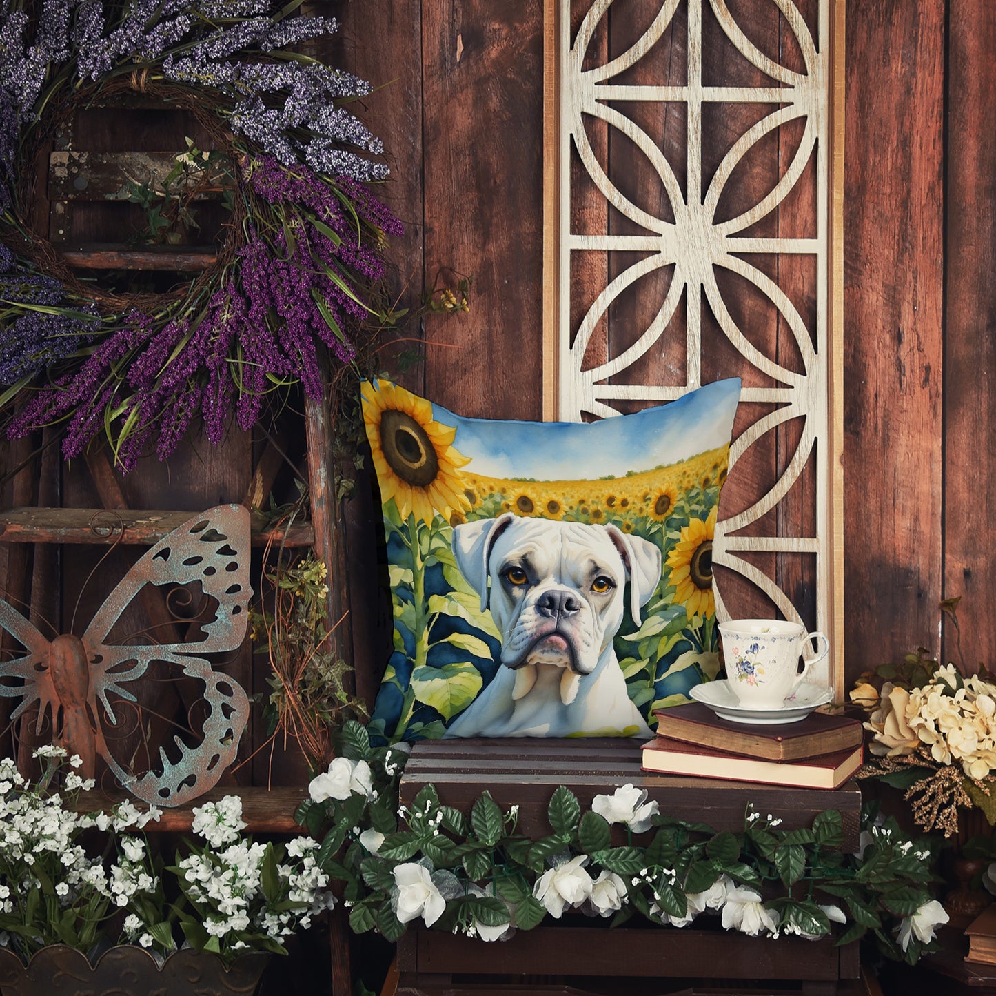 Boxer in Sunflowers Throw Pillow