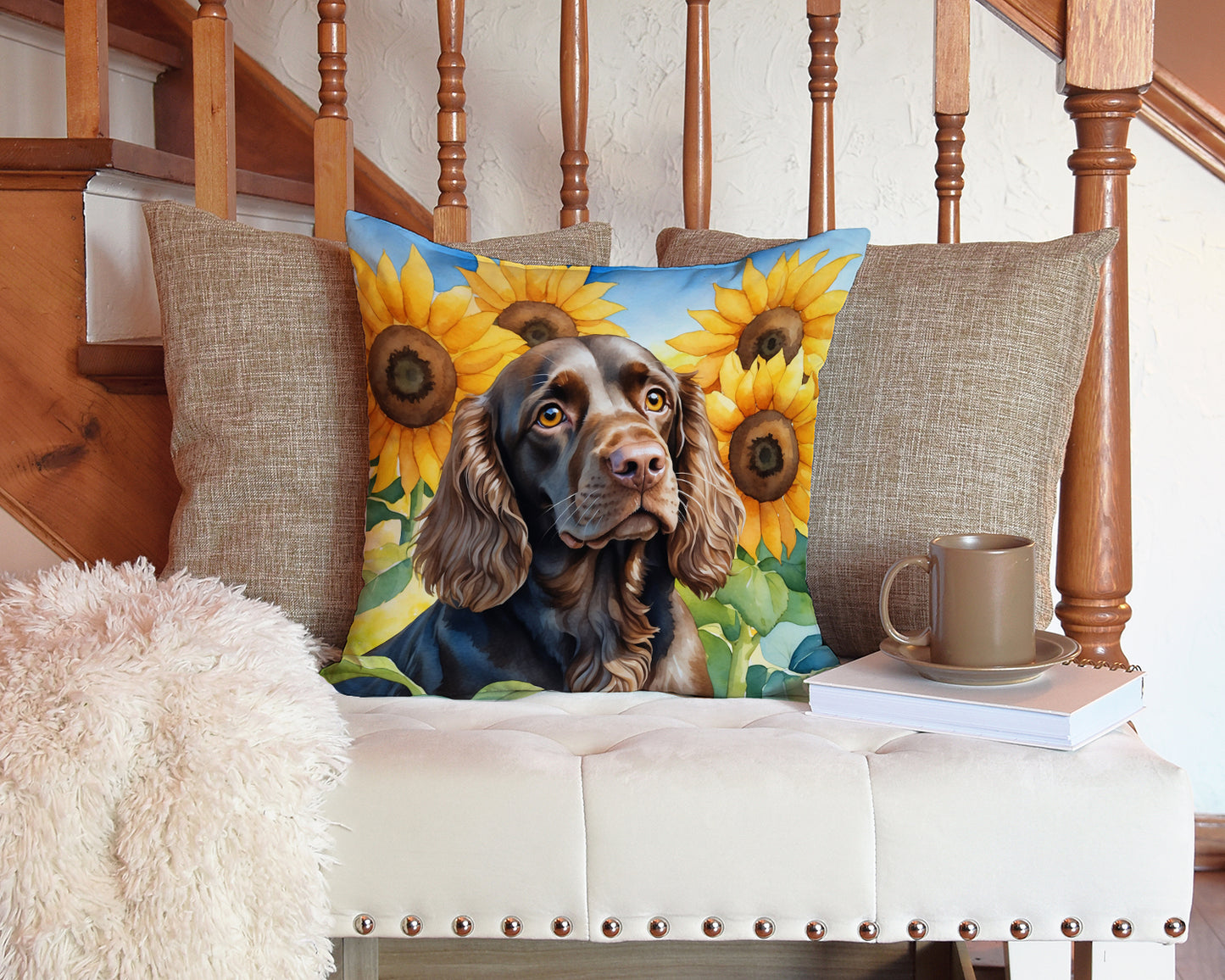 Boykin Spaniel in Sunflowers Throw Pillow