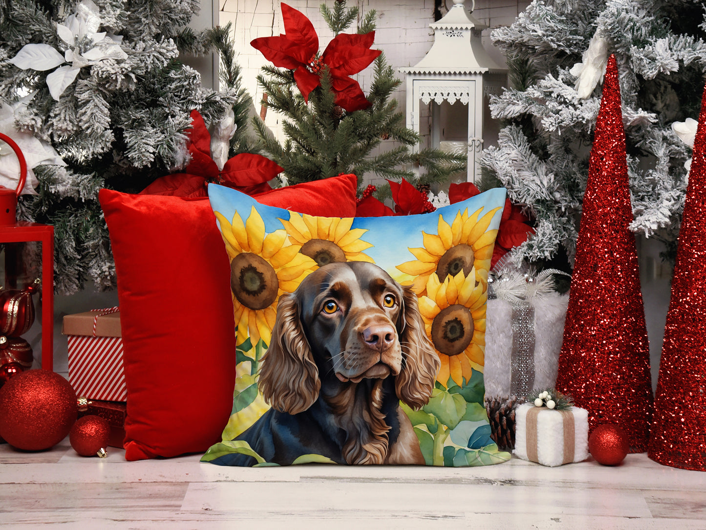 Boykin Spaniel in Sunflowers Throw Pillow