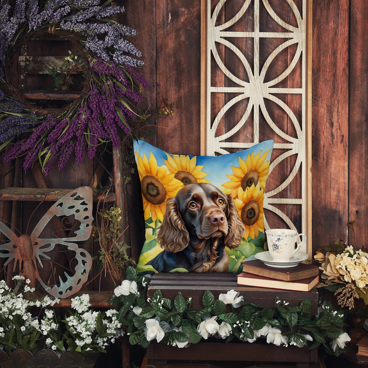 Boykin Spaniel in Sunflowers Throw Pillow