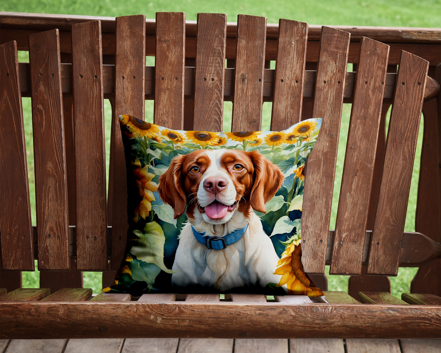 Brittany Spaniel in Sunflowers Throw Pillow