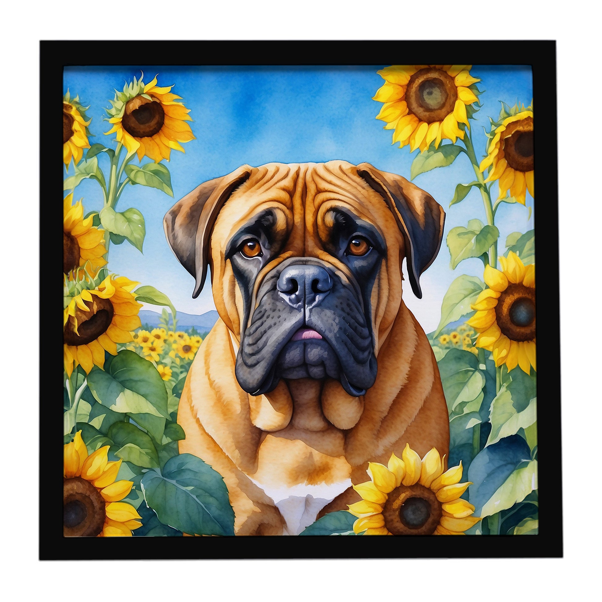 Buy this Bullmastiff in Sunflowers Framed Metal Print