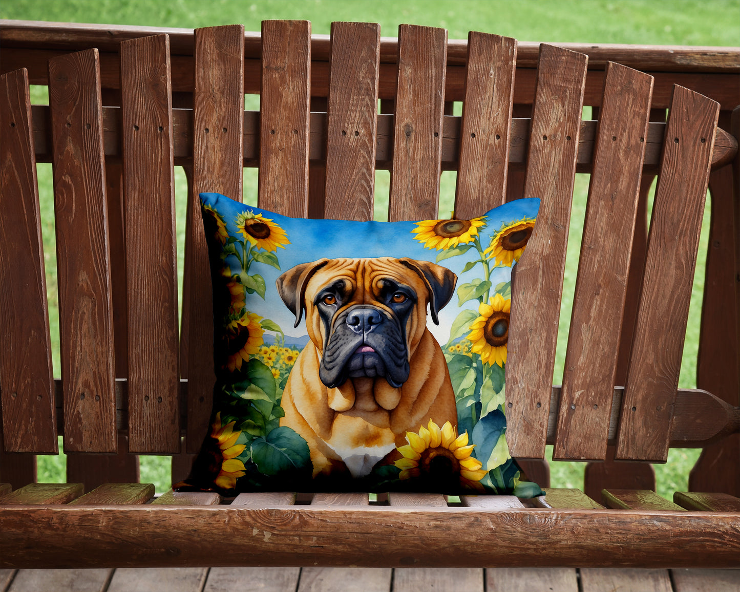 Bullmastiff in Sunflowers Throw Pillow