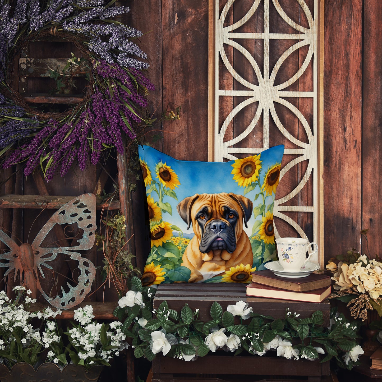 Bullmastiff in Sunflowers Throw Pillow