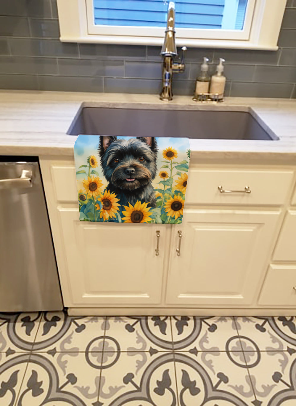 Cairn Terrier in Sunflowers Kitchen Towel