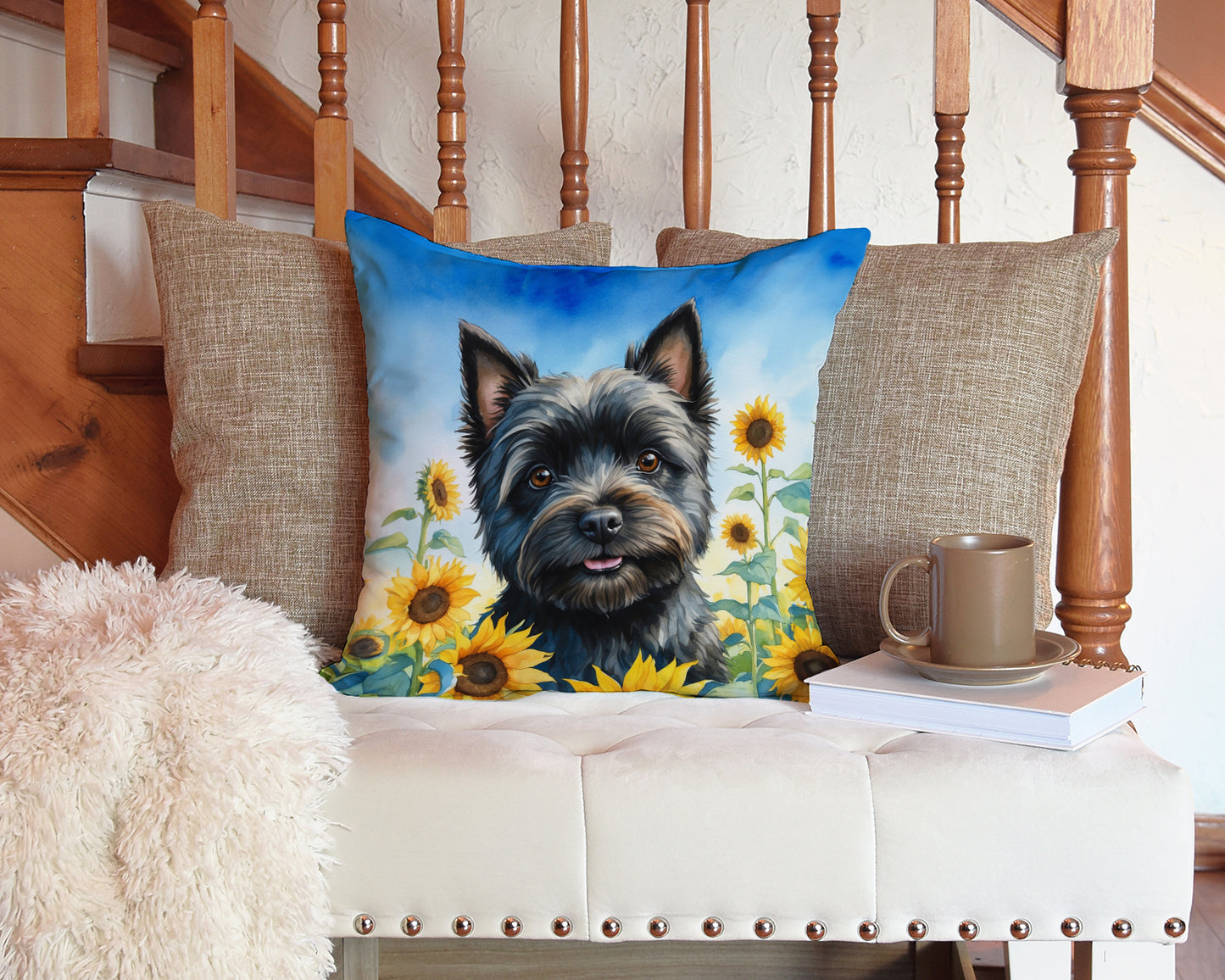 Cairn Terrier in Sunflowers Throw Pillow