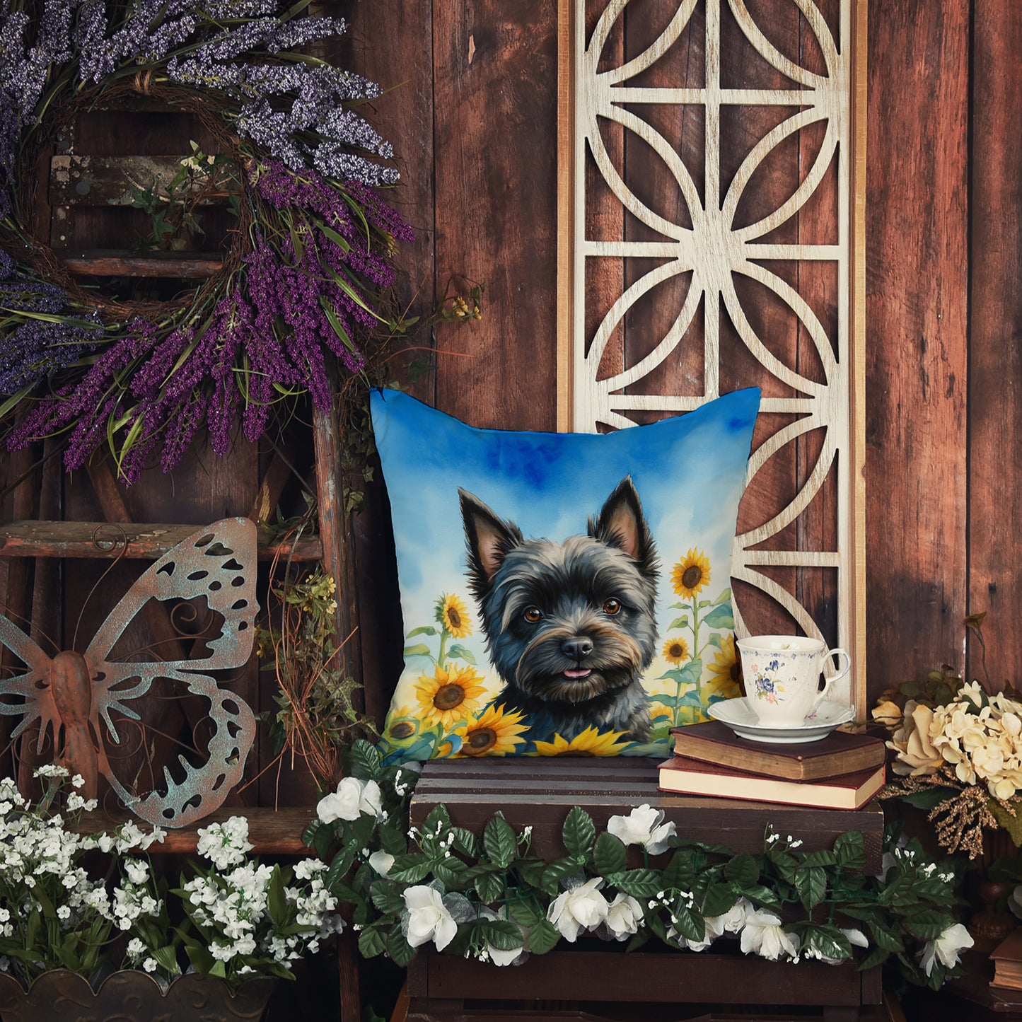 Cairn Terrier in Sunflowers Throw Pillow