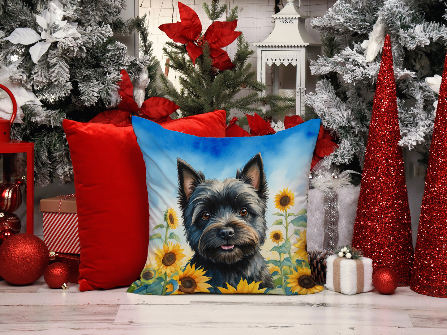 Cairn Terrier in Sunflowers Throw Pillow