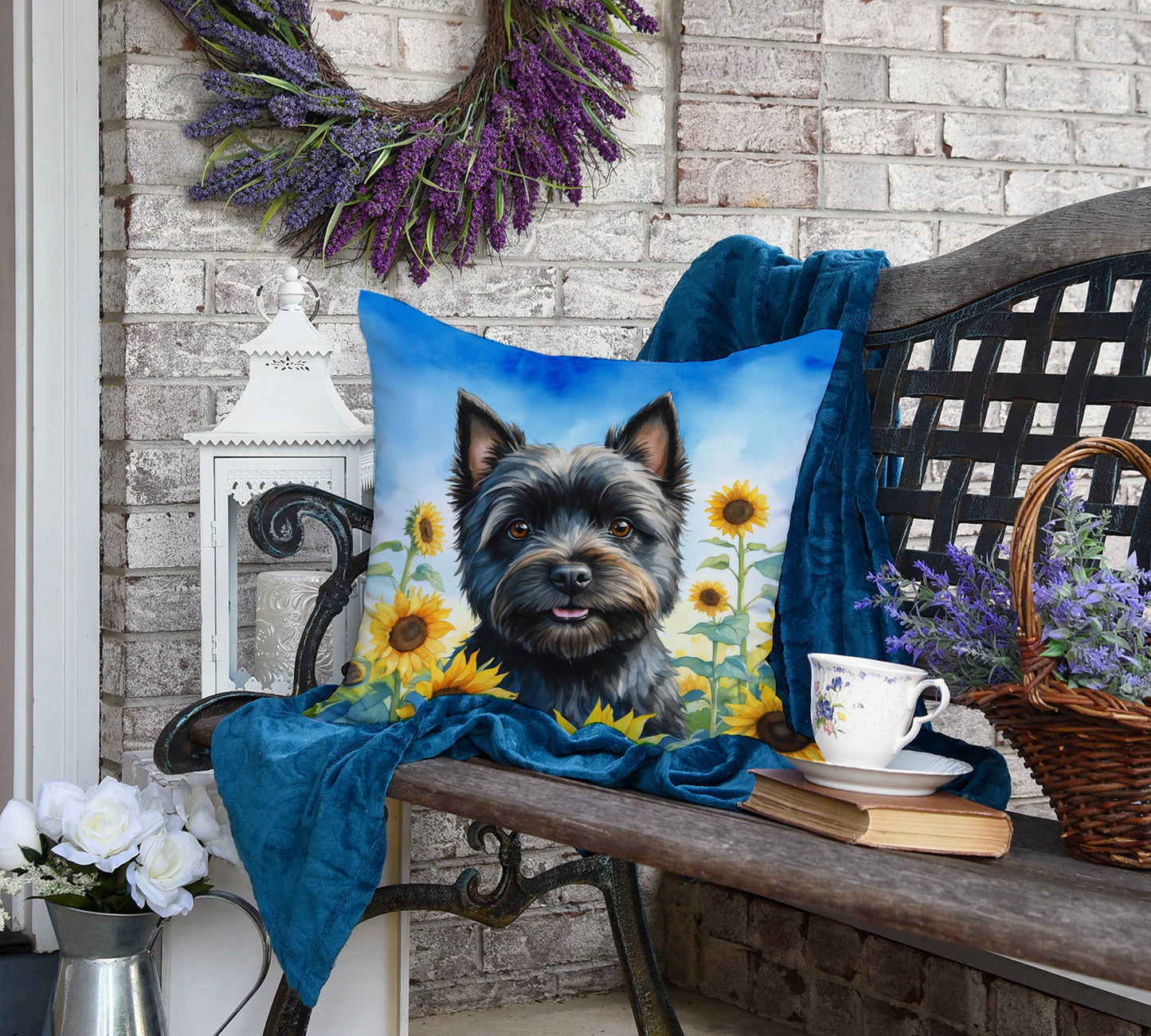 Cairn Terrier in Sunflowers Throw Pillow