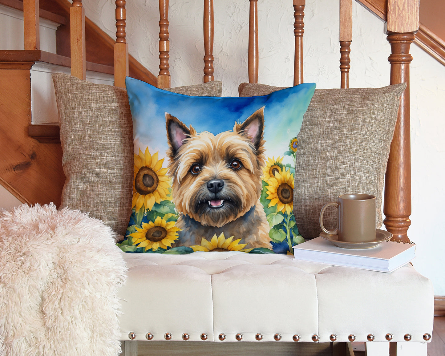 Cairn Terrier in Sunflowers Throw Pillow