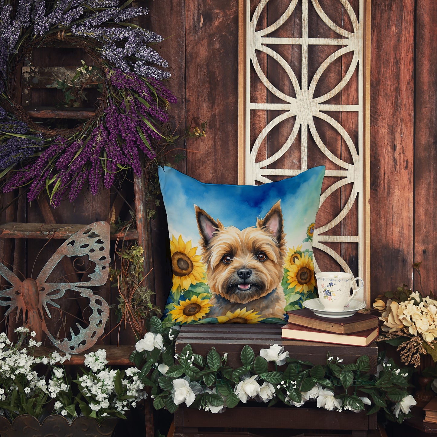 Cairn Terrier in Sunflowers Throw Pillow